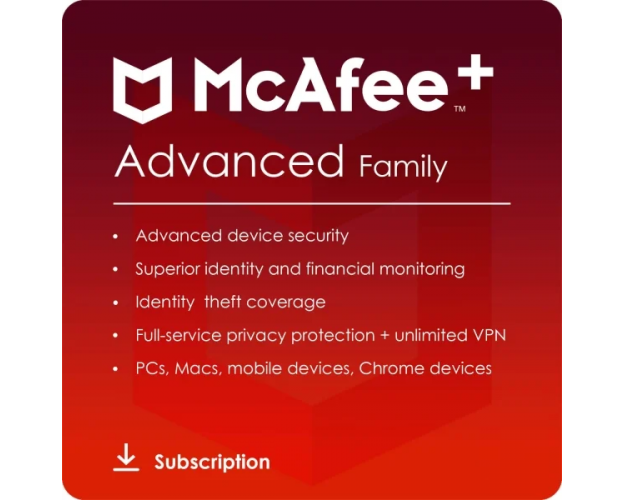 McAfee+ Advanced Family 2024-2025, Runtime : 1 year, Device: Unlimited Devices, image 