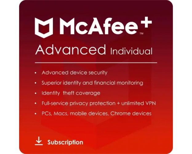 McAfee+ Advanced Individual 2024-2025, Runtime : 1 year, Device: Unlimited Devices, image 